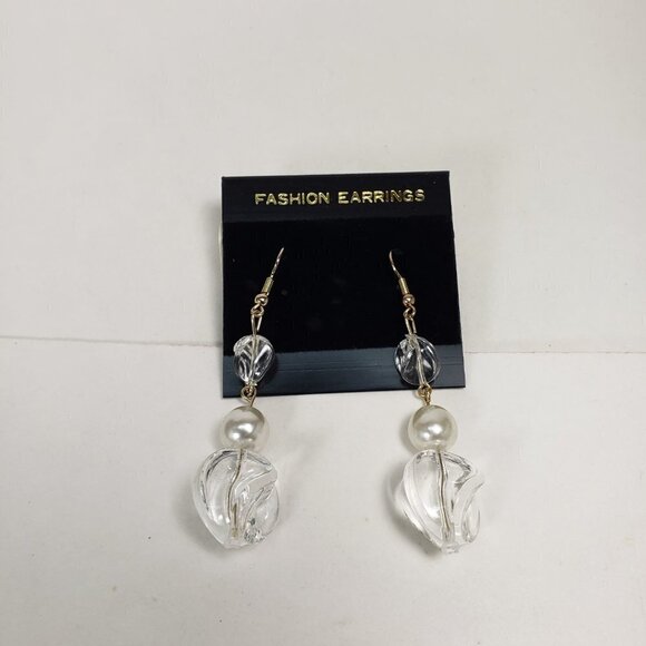 Clear Twisted Bead Drop Earrings w/ Off-white Accent Modern Statement Dangle - Picture 7 of 9